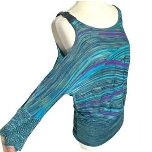 Cache Cold Shoulder Top M Blue Purple Striped Batwing Blouson Knit Buckle Strap